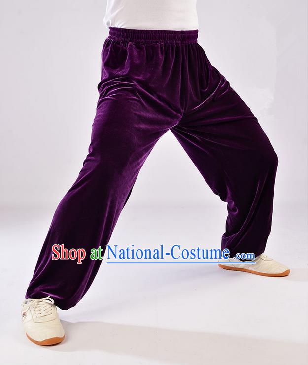 Traditional Chinese Thicken Pleuche Kung Fu Trousers, Martial Arts Kung Fu Training Trousers Tang Suit Gongfu Shaolin Wushu Clothing Tai Chi Taiji Teacher Pants for Women