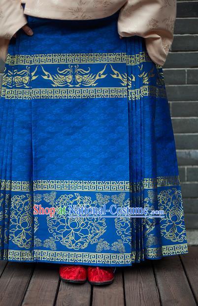Traditional Chinese Ming Dynasty Young Lady Embroidered Costume Blue Skirt, Asian China Ancient Hanfu Horse-face Skirt for Women