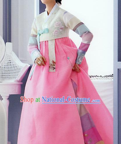 Traditional Korean Costumes Palace Lady Formal Attire Ceremonial Pink Dress, Asian Korea Hanbok Bride Embroidered Clothing for Women