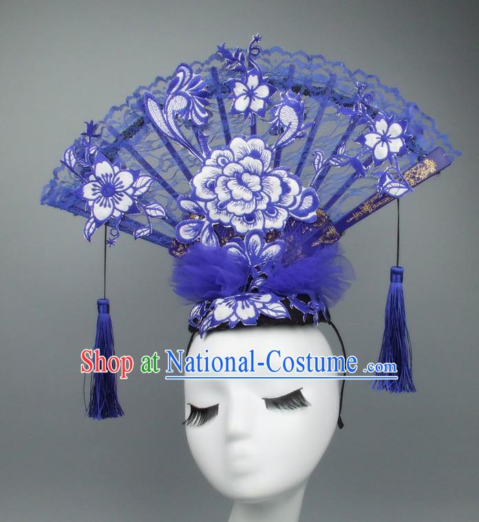 Asian China Theatrical Ornamental Flowers Floral Hair Accessories Model Show Lace Headdress, Traditional Chinese Manchu Lady Headwear for Women