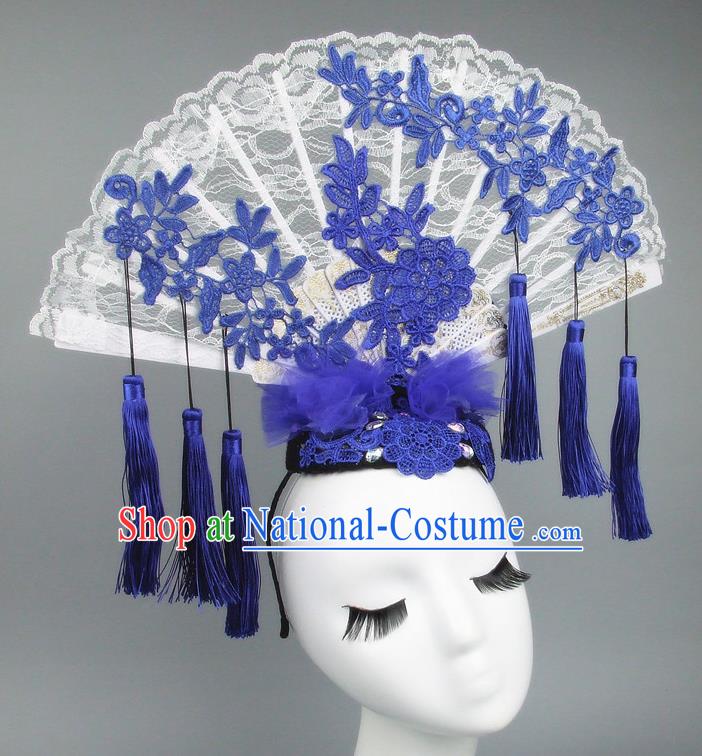 Asian China Theatrical Ornamental Flowers Floral Hair Accessories Model Show Lace Tassel Headdress, Traditional Chinese Manchu Lady Headwear for Women