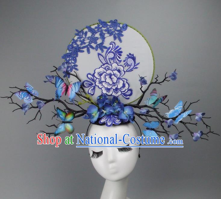 Asian China Theatrical Ornamental Flowers Butterfly Floral Hair Accessories Model Show Headdress, Traditional Chinese Manchu Lady Headwear for Women