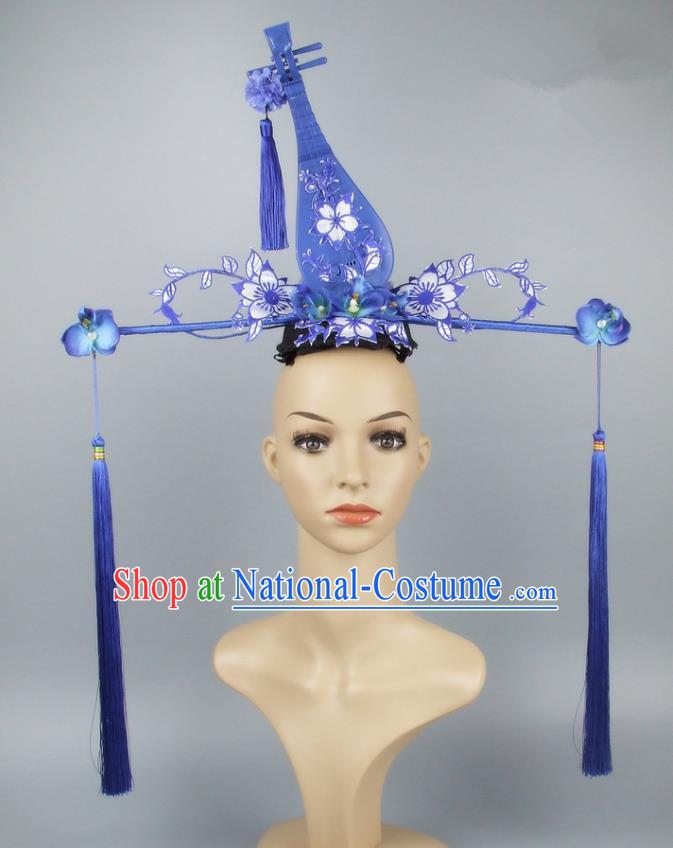 Asian China Theatrical Ornamental Lute Hair Accessories Model Show Headdress, Traditional Chinese Manchu Lady Headwear for Women