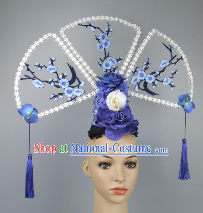 Asian China Theatrical Ornamental Embroidery Hair Accessories Model Show Headdress, Traditional Chinese Manchu Lady Headwear for Women