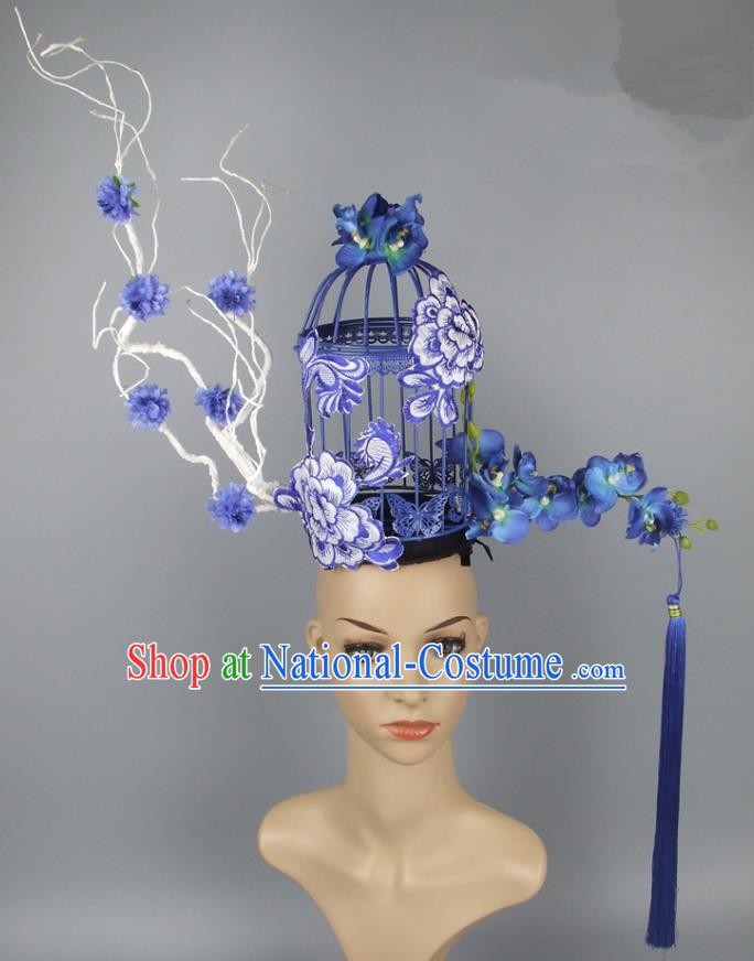 Asian China Theatrical Ornamental Birdcage Hair Accessories Model Show Embroidery Headdress, Traditional Chinese Manchu Lady Headwear for Women