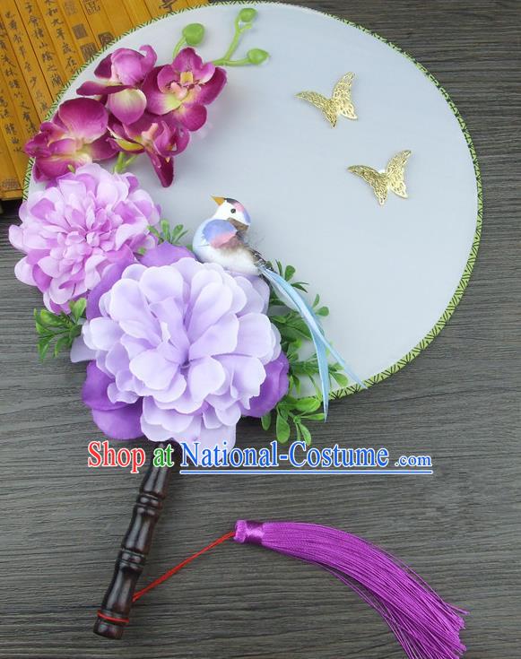 Traditional Handmade Chinese Ancient Wedding Round Fans, Hanfu Palace Lady Purple Peony Flowers Bride Mandarin Fans for Women