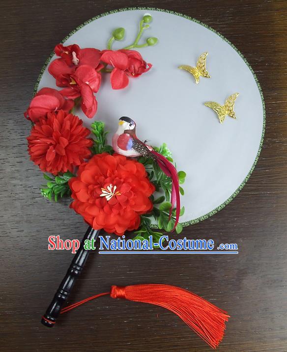 Traditional Handmade Chinese Ancient Wedding Round Fans, Hanfu Palace Lady Red Peony Flowers Bride Mandarin Fans for Women