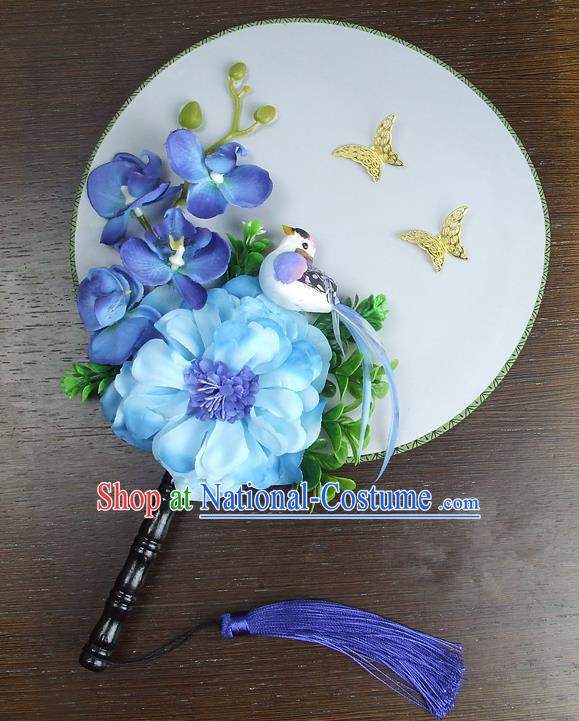 Traditional Handmade Chinese Ancient Wedding Round Fans, Hanfu Palace Lady Blue Peony Flowers Bride Mandarin Fans for Women