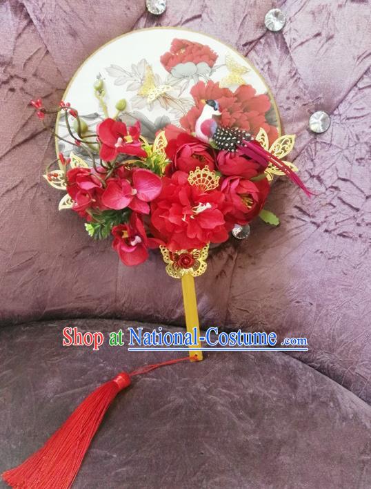 Traditional Handmade Chinese Ancient Wedding Red Flowers Butterfly Round Fans, Hanfu Palace Lady Bride Mandarin Fans for Women