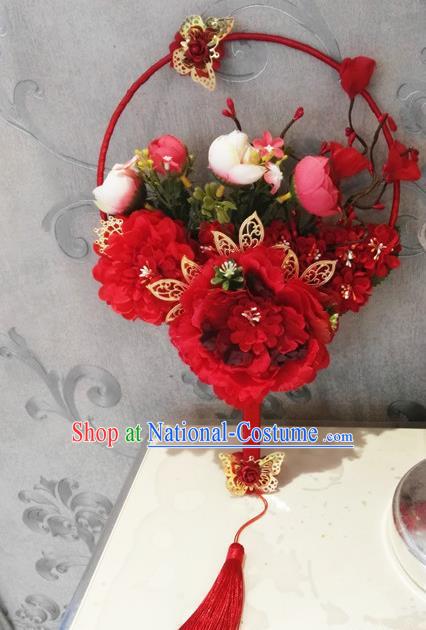 Traditional Handmade Chinese Ancient Wedding Catwalks Round Fans, Hanfu Palace Lady Bride Red Peony Mandarin Fans for Women