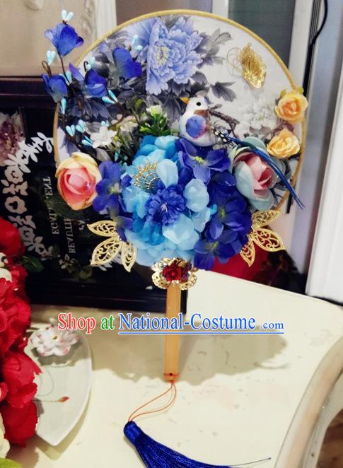 Traditional Handmade Chinese Ancient Wedding Round Fans, Hanfu Palace Lady Bride Blue Flowers Mandarin Fans for Women