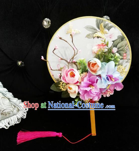 Traditional Handmade Chinese Ancient Wedding Round Fans, Hanfu Palace Lady Bride Purple Flowers Mandarin Fans for Women