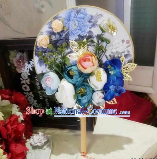 Traditional Handmade Chinese Ancient Wedding Round Fans, Hanfu Palace Lady Bride Blue Rose Flowers Mandarin Fans for Women