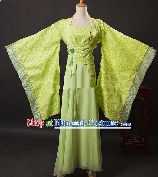 Asian China Ancient Tang Dynasty Palace Lady Costume, Traditional Chinese Hanfu Embroidered Green Dress Clothing for Women