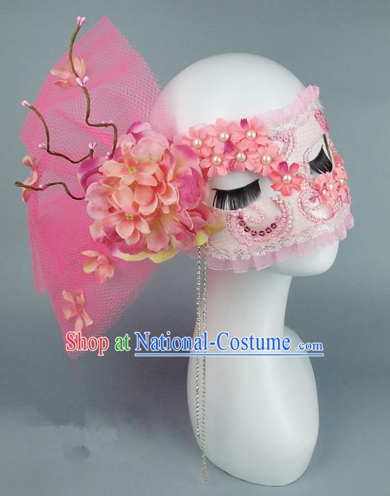 Top Grade Handmade Exaggerate Fancy Ball Accessories Model Show Pink Veil Mask, Halloween Ceremonial Occasions Face Mask