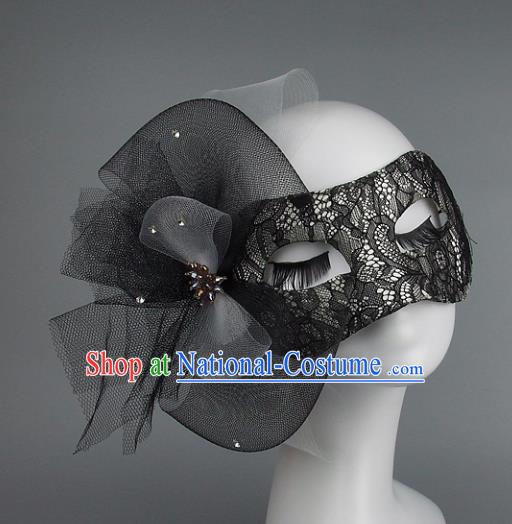 Top Grade Handmade Exaggerate Fancy Ball Accessories Model Show Black Lace Mask, Halloween Ceremonial Occasions Face Mask