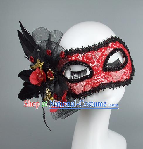 Top Grade Handmade Exaggerate Fancy Ball Accessories Model Show Red Lace Feather Mask, Halloween Ceremonial Occasions Face Mask