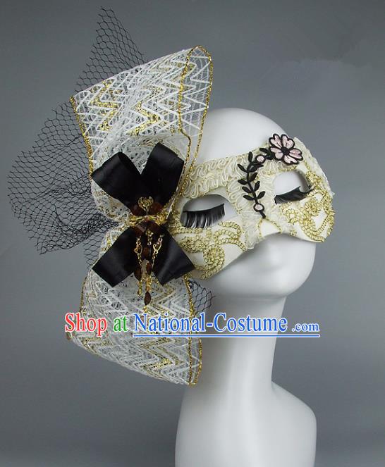 Top Grade Handmade Exaggerate Fancy Ball Accessories Model Show White Lace Bowknot Mask, Halloween Ceremonial Occasions Face Mask