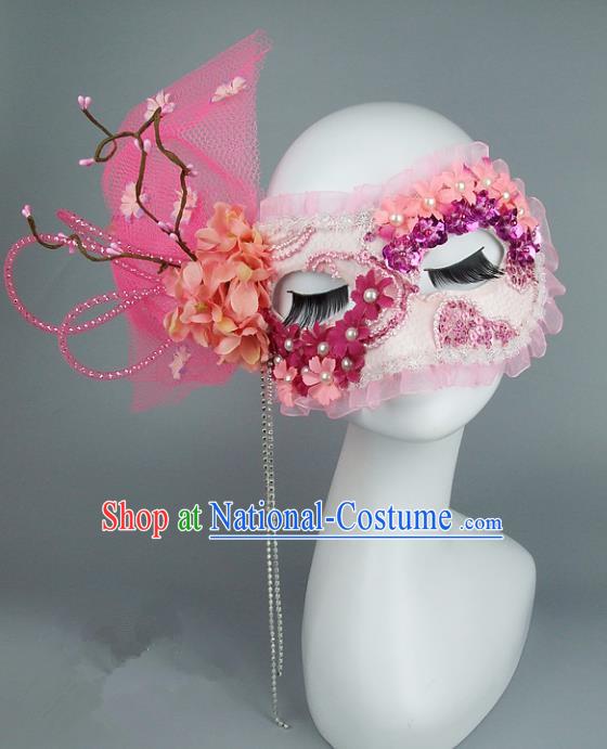 Top Grade Handmade Exaggerate Fancy Ball Accessories Model Show Pink Veil Bowknot Mask, Halloween Ceremonial Occasions Face Mask