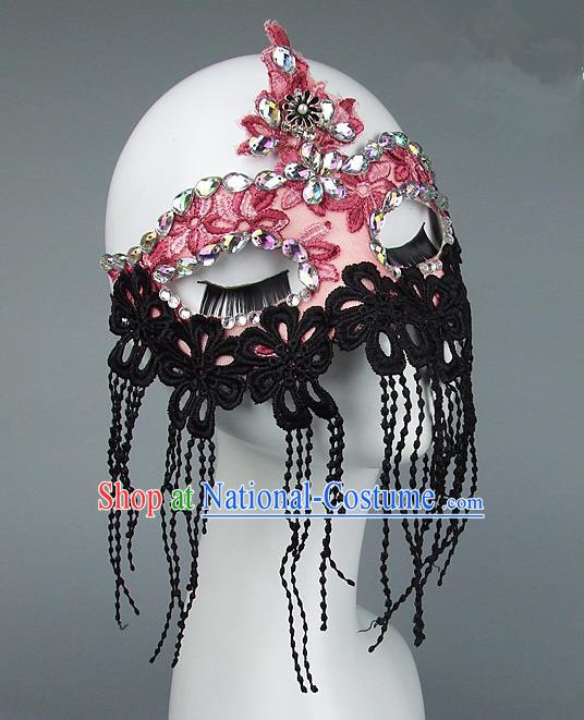 Top Grade Handmade Exaggerate Fancy Ball Model Show Lace Tassel Crystal Mask, Halloween Ceremonial Occasions Face Mask