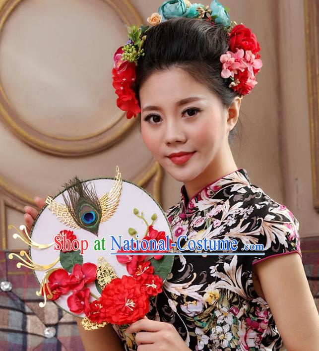 Traditional Handmade Chinese Ancient Wedding Red Peony Feather Round Fans, Hanfu Palace Lady Bride Mandarin Fans for Women