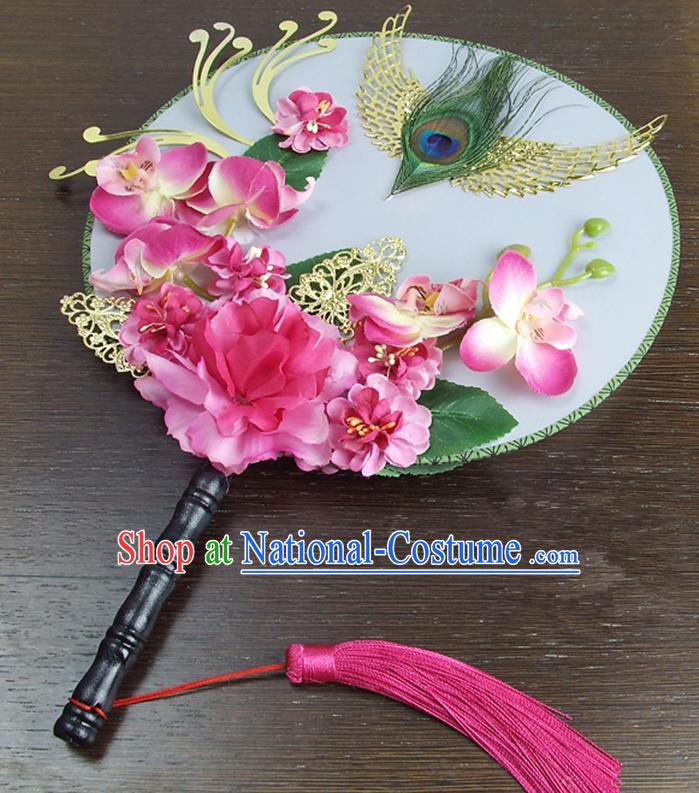 Traditional Handmade Chinese Ancient Wedding Rosy Peony Feather Round Fans, Hanfu Palace Lady Bride Mandarin Fans for Women