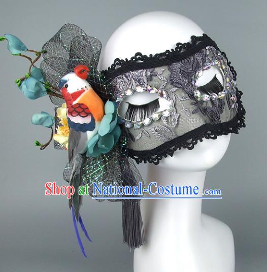 Top Grade Handmade Exaggerate Fancy Ball Accessories Model Show Veil Black Lace Mask, Halloween Ceremonial Occasions Face Mask