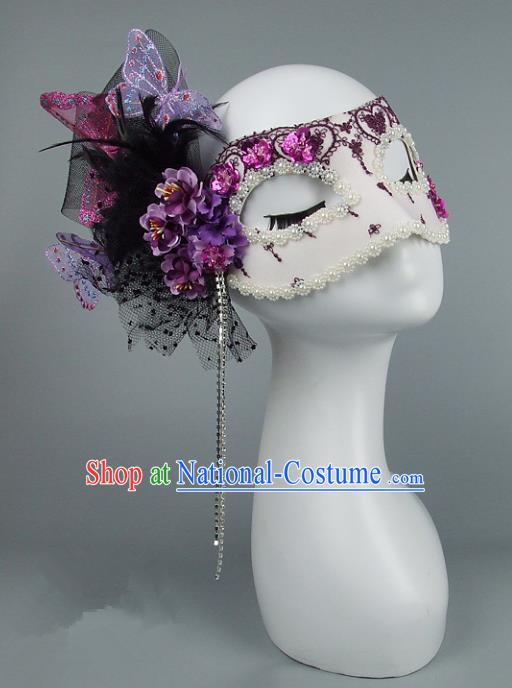 Top Grade Handmade Exaggerate Fancy Ball Accessories Purple Veil Mask, Halloween Model Show Ceremonial Occasions Face Mask