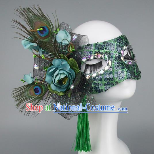 Top Grade Handmade Exaggerate Fancy Ball Accessories Green Feather Mask, Halloween Model Show Ceremonial Occasions Face Mask