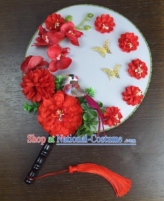 Traditional Handmade Chinese Ancient Wedding Red Flowers Butterfly Round Fans, Hanfu Palace Lady Bride Xiuhe Suit Mandarin Fans for Women