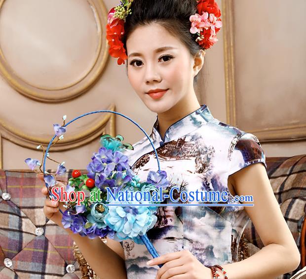 Traditional Handmade Chinese Ancient Wedding Blue Flowers Butterfly Round Fans, Hanfu Palace Lady Bride Xiuhe Suit Mandarin Fans for Women