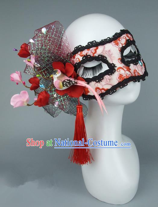 Top Grade Handmade Exaggerate Fancy Ball Accessories Red Lace Bowknot Mask, Halloween Model Show Ceremonial Occasions Face Mask