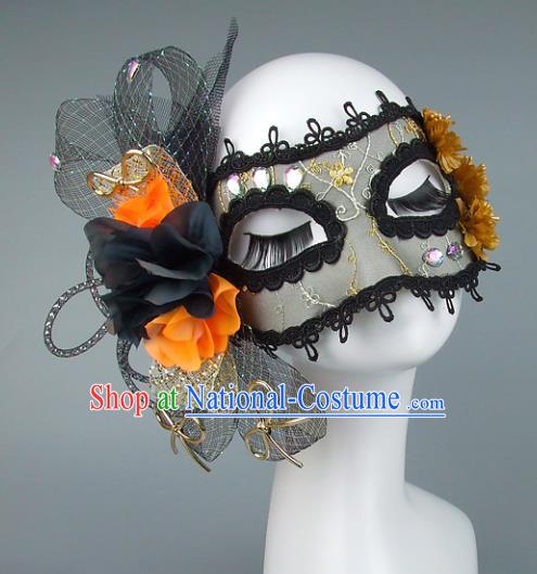 Top Grade Handmade Exaggerate Fancy Ball Accessories Black Veil Mask, Halloween Model Show Ceremonial Occasions Face Mask