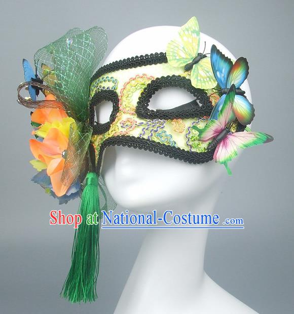 Handmade Halloween Fancy Ball Accessories Green Flowers Butterfly Mask, Ceremonial Occasions Miami Model Show Face Mask