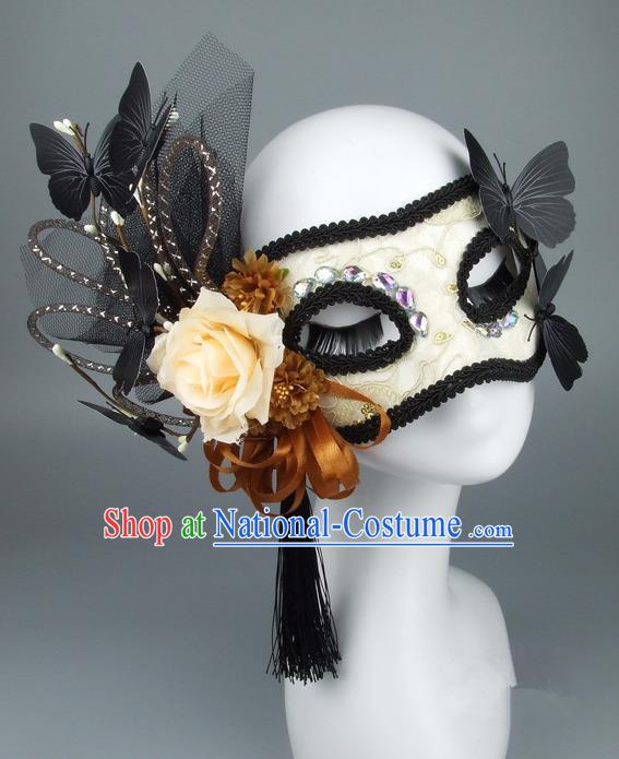 Handmade Halloween Fancy Ball Accessories Veil Butterfly Yellow Flower Mask, Ceremonial Occasions Miami Model Show Face Mask