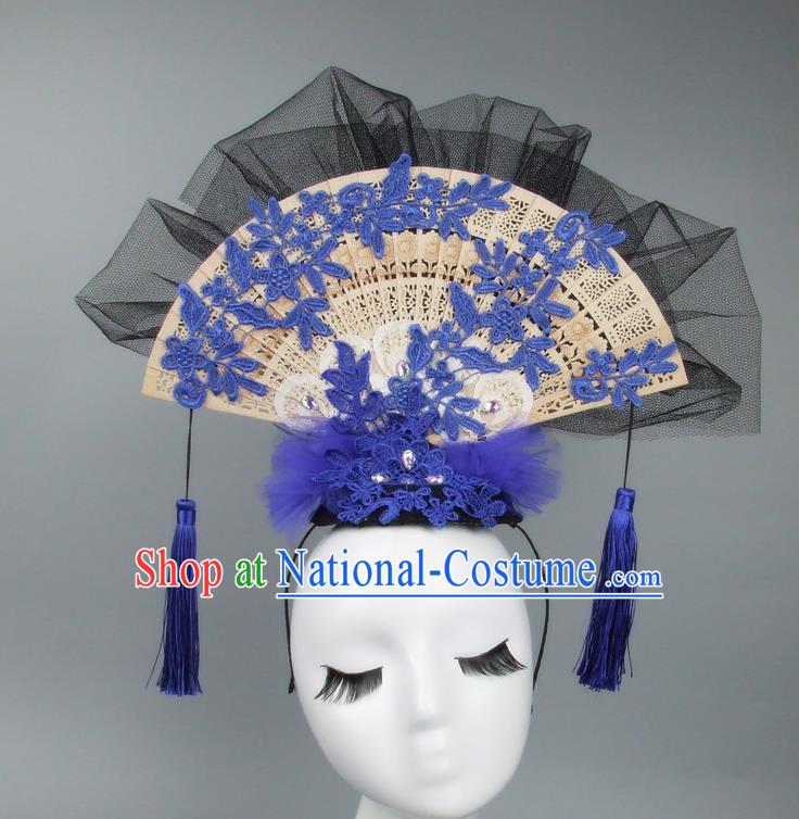 Handmade Asian Chinese Fan Hair Accessories Blue Lace Headwear, Halloween Ceremonial Occasions Miami Model Show Tassel Headdress