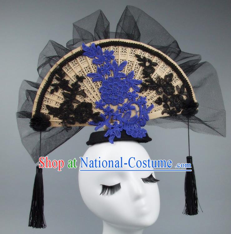 Handmade Asian Chinese Fan Hair Accessories Black Veil Headwear, Halloween Ceremonial Occasions Miami Model Show Tassel Headdress