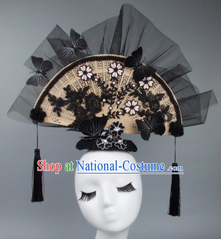 Handmade Asian Chinese Fan Hair Accessories Lace Flowers Butterfly Headwear, Halloween Ceremonial Occasions Miami Model Show Tassel Headdress