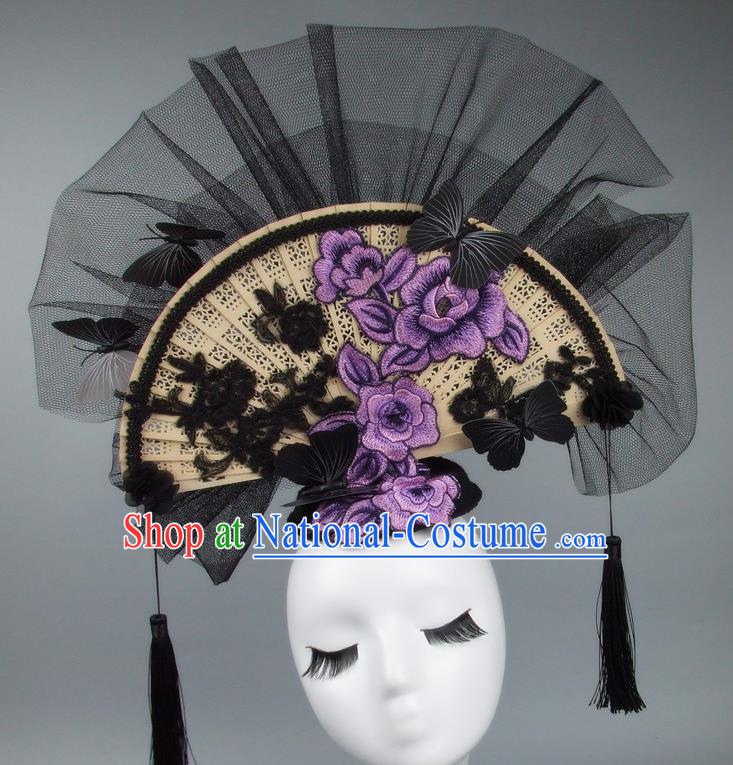 Handmade Asian Chinese Fan Hair Accessories Purple Lace Flowers Butterfly Headwear, Halloween Ceremonial Occasions Miami Model Show Tassel Headdress