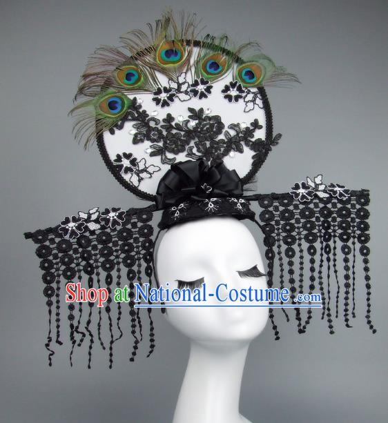 Handmade Asian Chinese Fan Hair Accessories Lace Tassel Headwear, Halloween Ceremonial Occasions Manchu Model Show Headdress