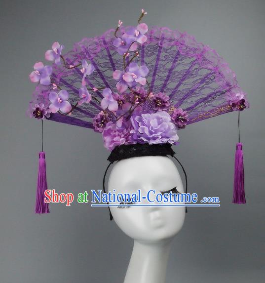 Handmade Asian Chinese Fan Hair Accessories Purple Lace Tassel Headwear, Halloween Ceremonial Occasions Manchu Model Show Headdress