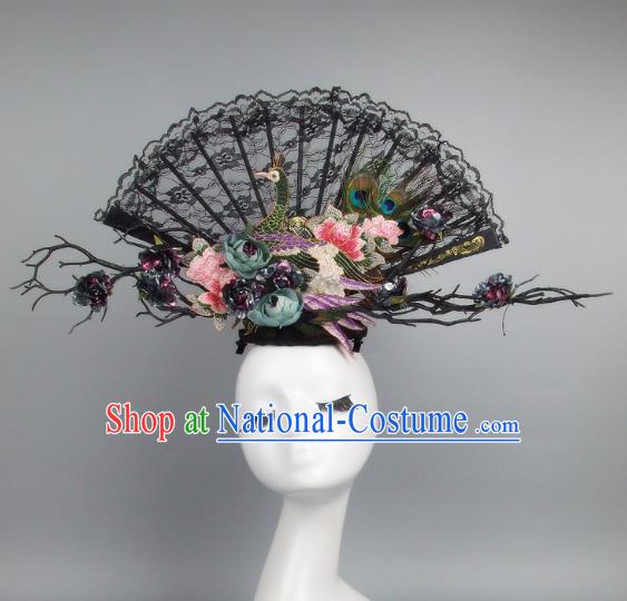 Handmade Asian Chinese Fan Hair Accessories Flowers Black Lace Headwear, Halloween Ceremonial Occasions Manchu Model Show Headdress