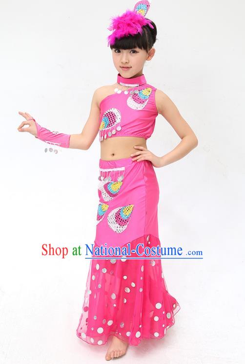 Traditional Chinese Dai Nationality Peacock Dance Pink Costume, Folk Dance Ethnic Pavane Clothing Minority Dance Dress for Kids