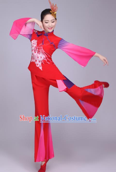 Traditional Chinese Yangge Dance Embroidered Costume, Folk Fan Dance Red Mandarin Sleeve Uniform Classical Dance Clothing for Women