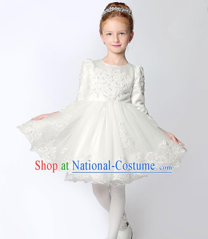 Children Modern Dance Costume Embroidery White Short Bubble Dress, Ceremonial Occasions Performance Princess Veil Full Dress for Girls