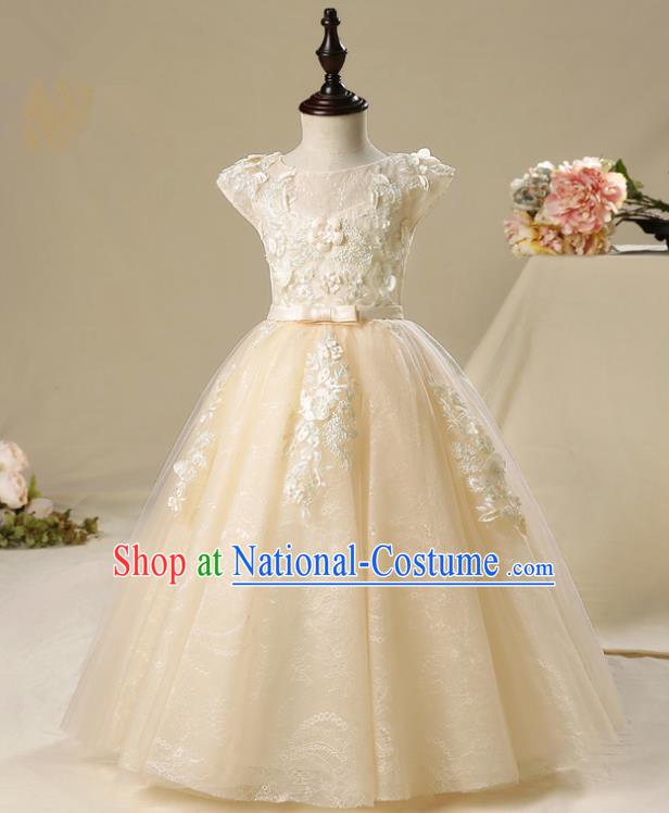 Children Modern Dance Costume Embroidery Christmas Wedding Dress, Ceremonial Occasions Performance Princess Veil Full Dress for Girls