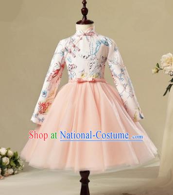 Children Modern Dance Costume Pink Long Sleeve Cheongsam, Ceremonial Occasions Model Show Princess Veil Full Dress for Girls