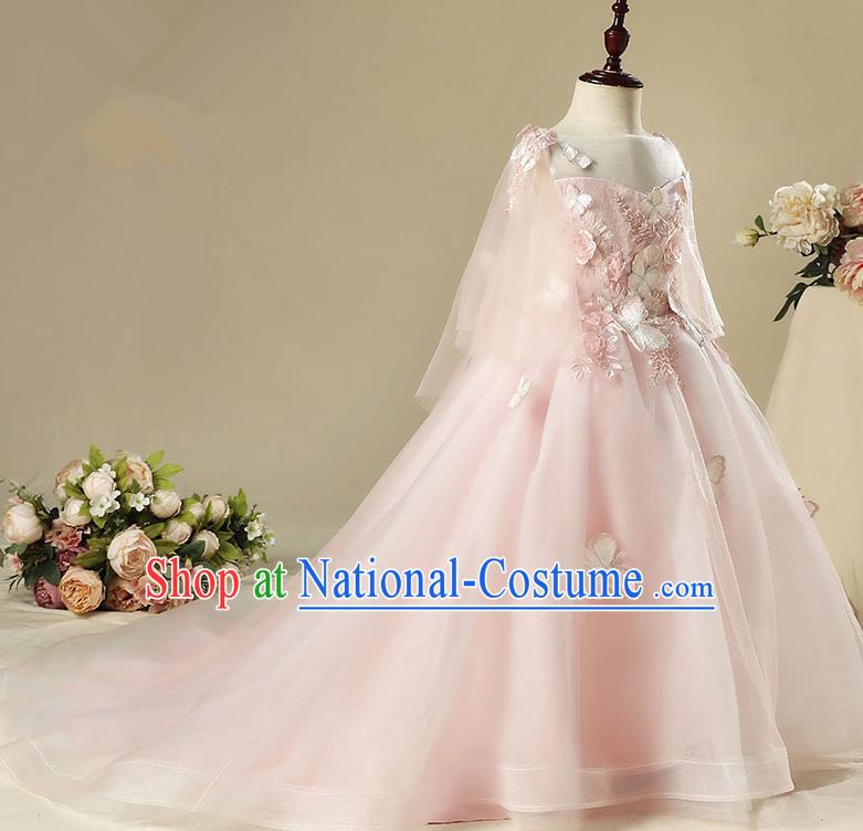 Children Modern Dance Costume Pink Trailing Dress, Ceremonial Occasions Model Show Princess Veil Full Dress for Girls