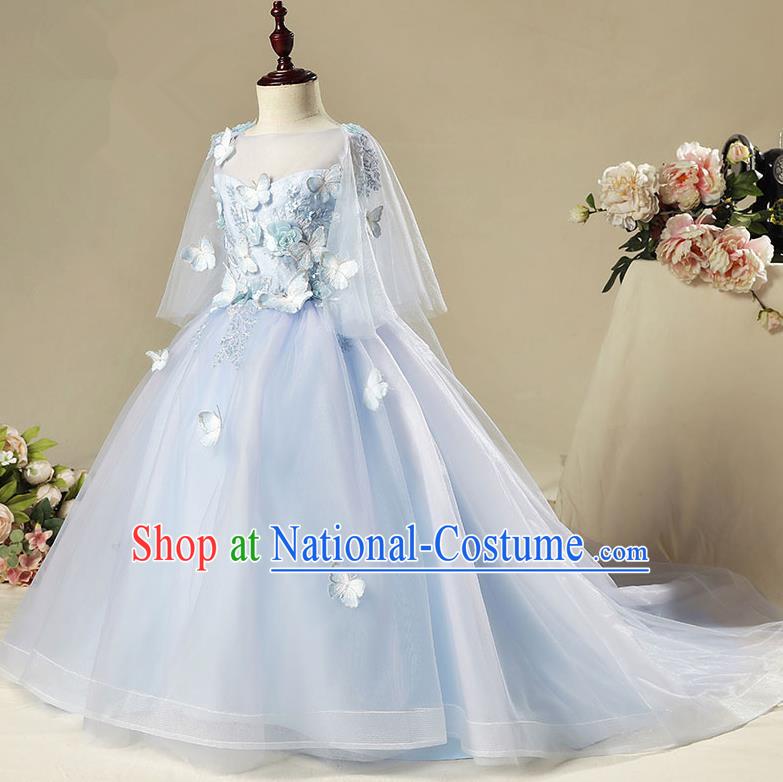 Children Modern Dance Costume Blue Trailing Dress, Ceremonial Occasions Model Show Princess Veil Full Dress for Girls