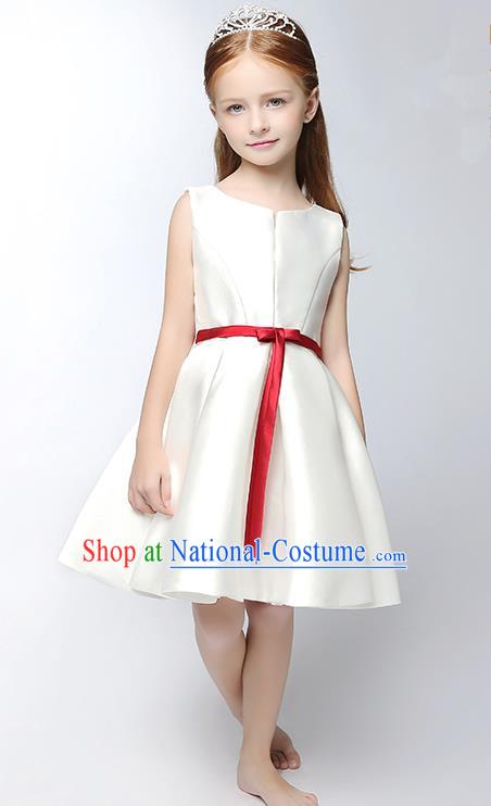 Children Modern Dance Costume White Satin Short Dress, Ceremonial Occasions Model Show Princess Full Dress for Girls